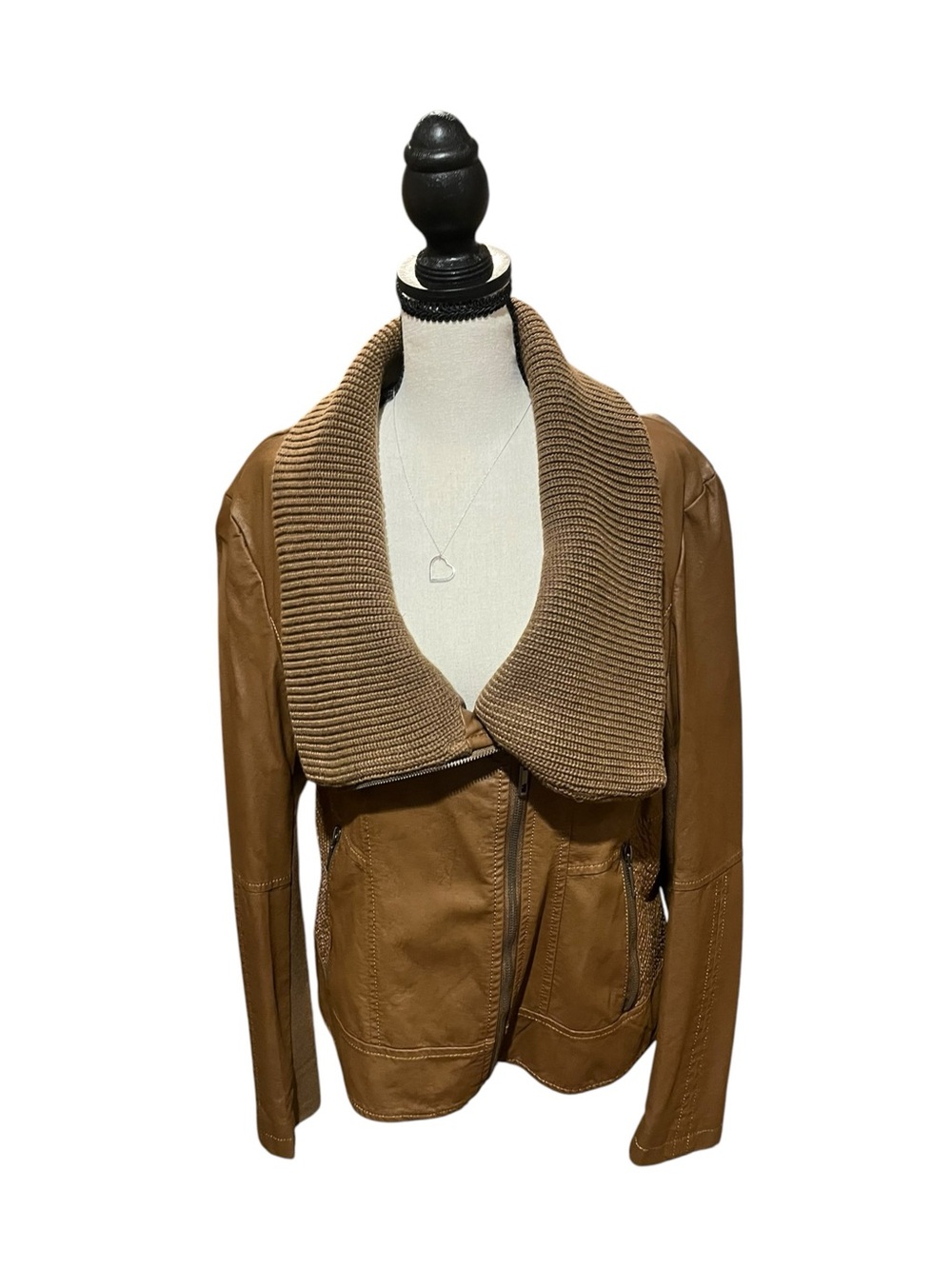 LA Coalition DPJ1123 Faux Leather Jacket XL Camel Brown Knit Collar NWOT